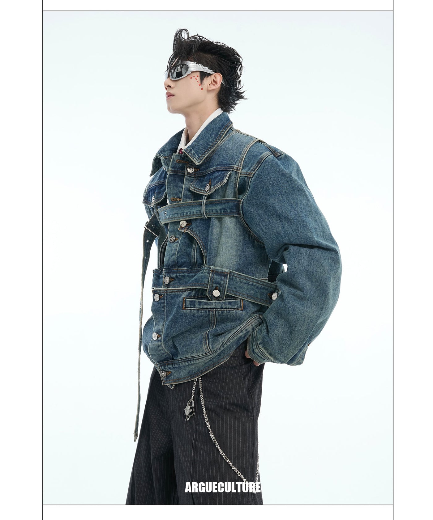 Washed Buckled Belt Strap Denim Jacket