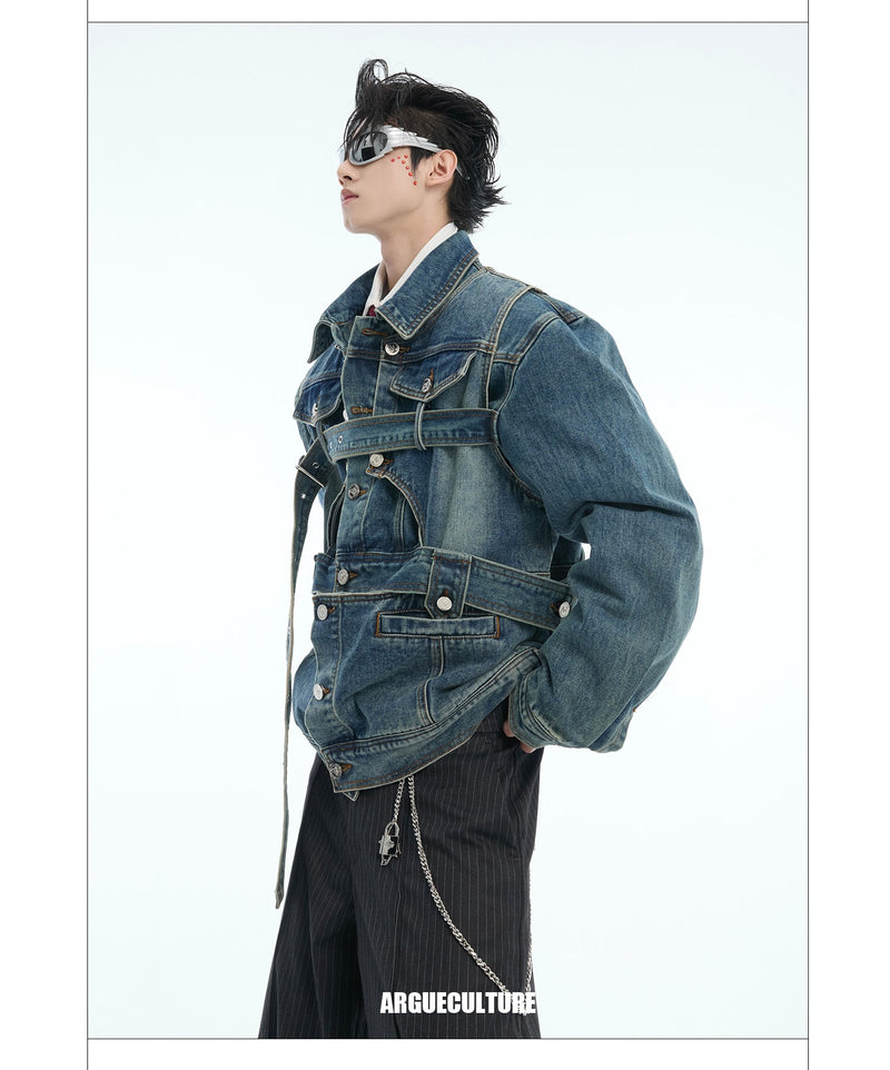 Washed Buckled Belt Strap Denim Jacket