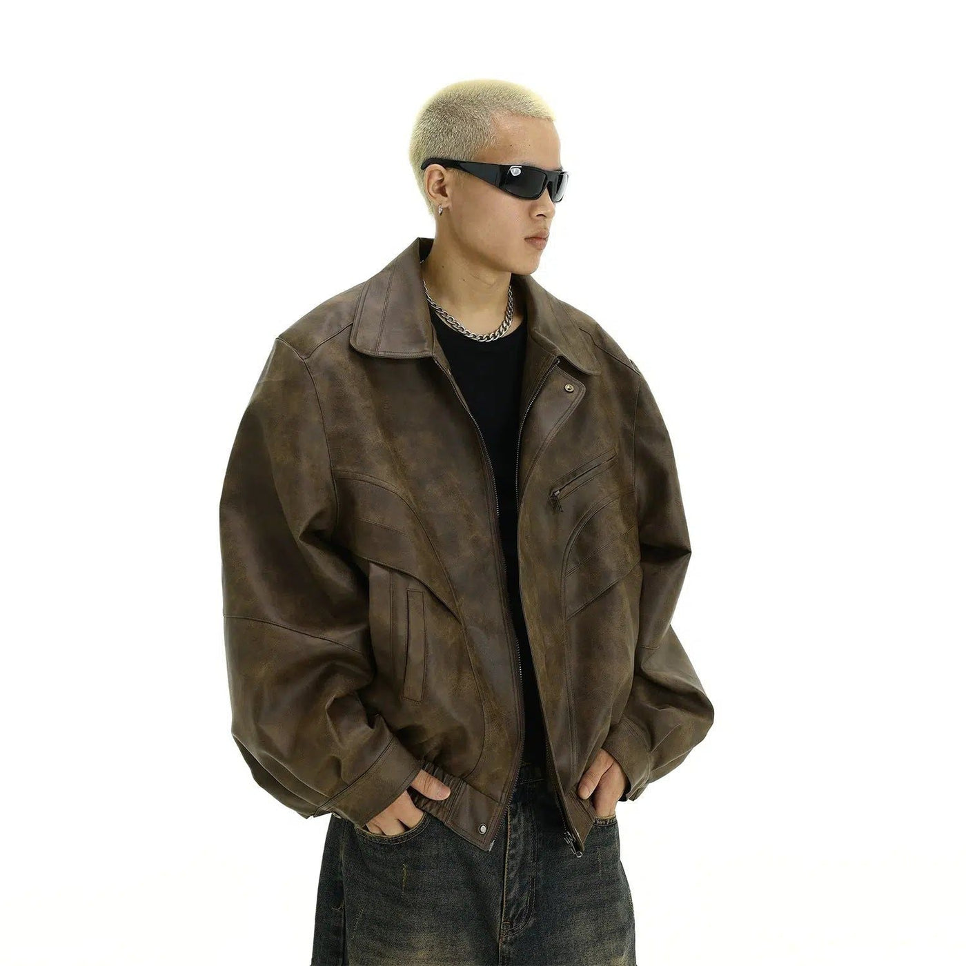 Tie-Dyed Lapel PU Leather Jacket