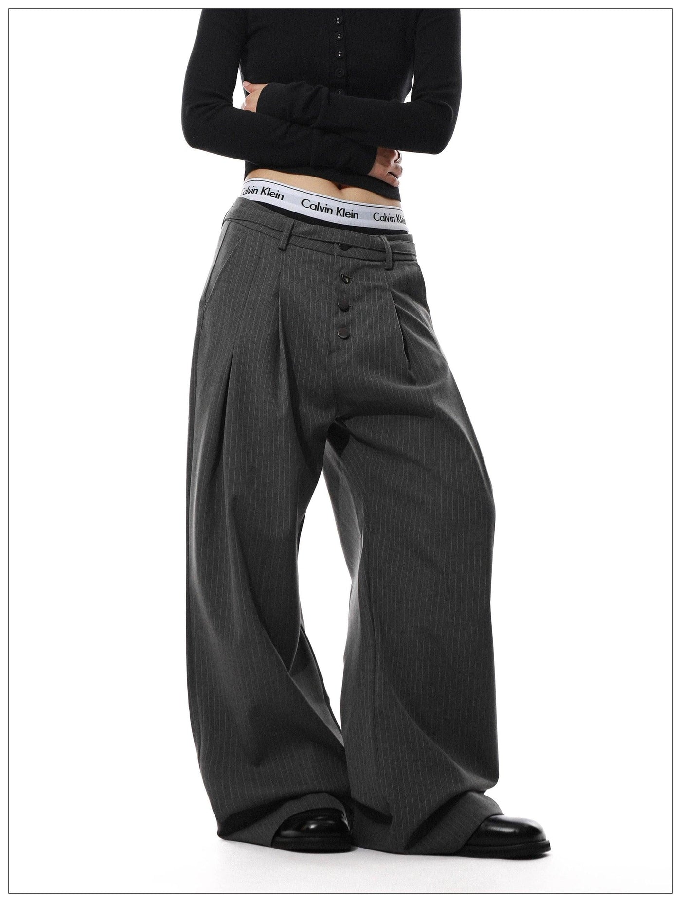 Vertical Stripes Button-Down Trousers