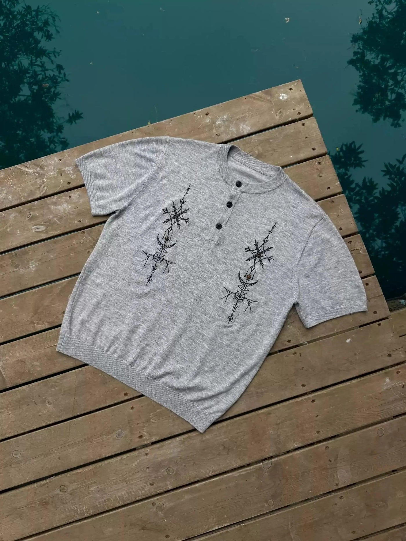 Embroidered Knitted Henley T-Shirt