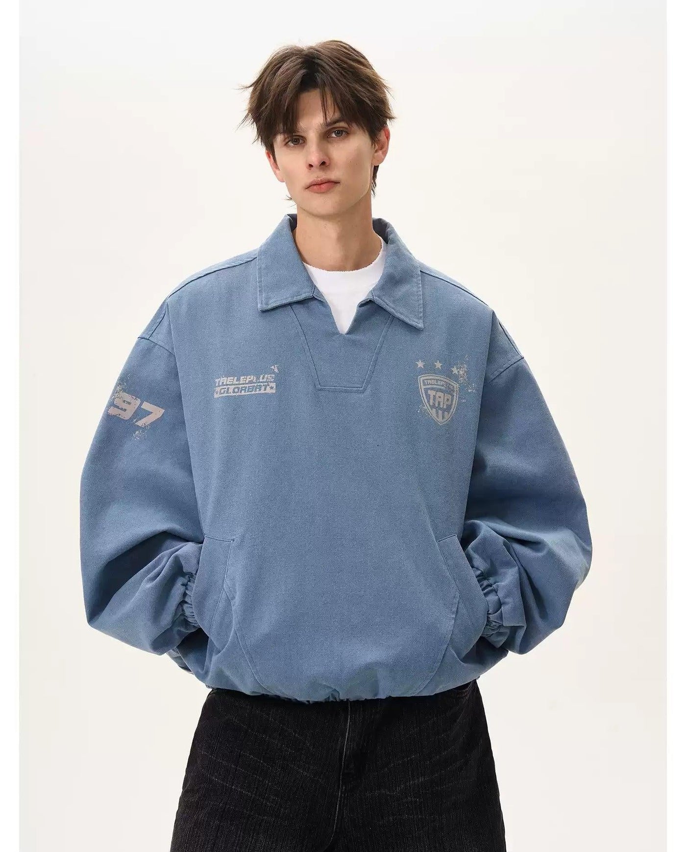 Ruched Hem Pullover Denim Polo