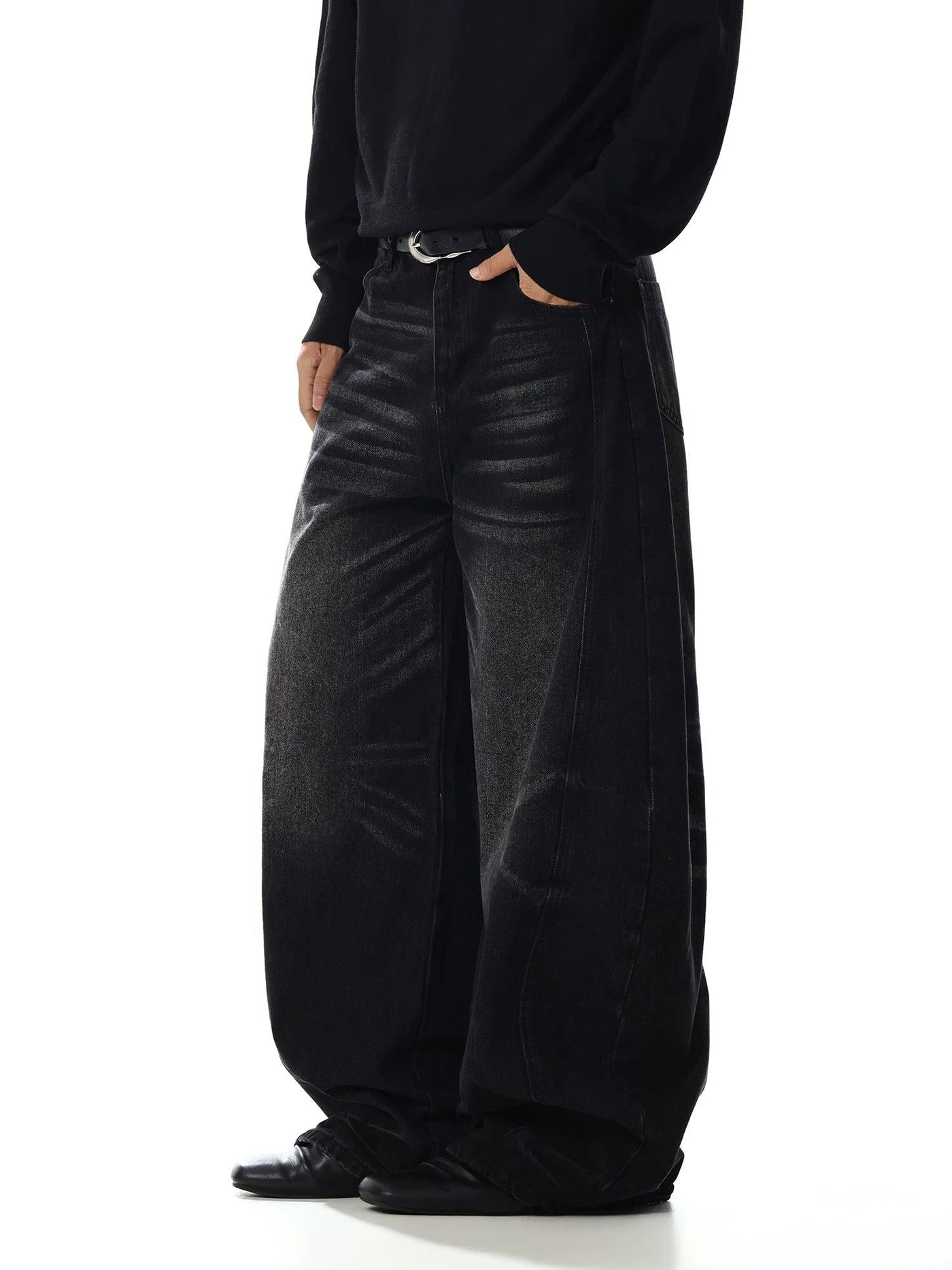 Faded Curved Seam Wide Leg Jeans