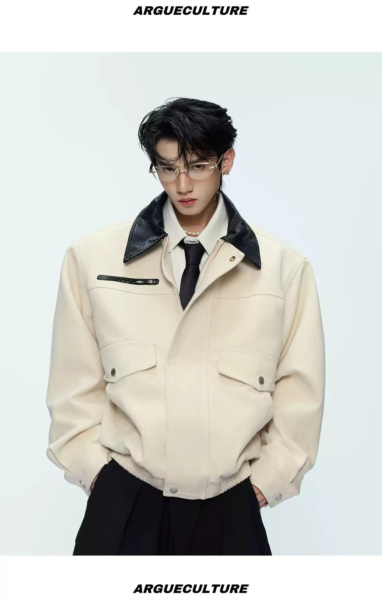 Faux Leather Collar Denim Jacket