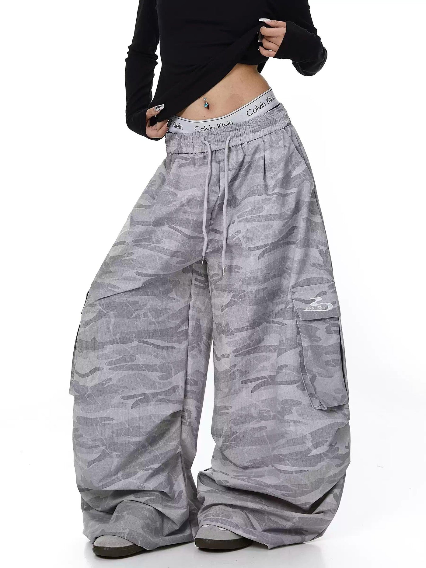 Drawstring Camo Wide Leg Cargo Pants