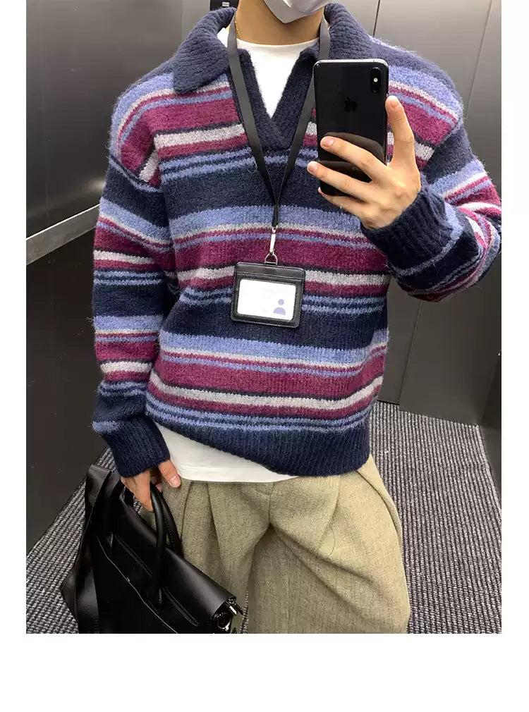 Striped Collared V-Neck Sweater