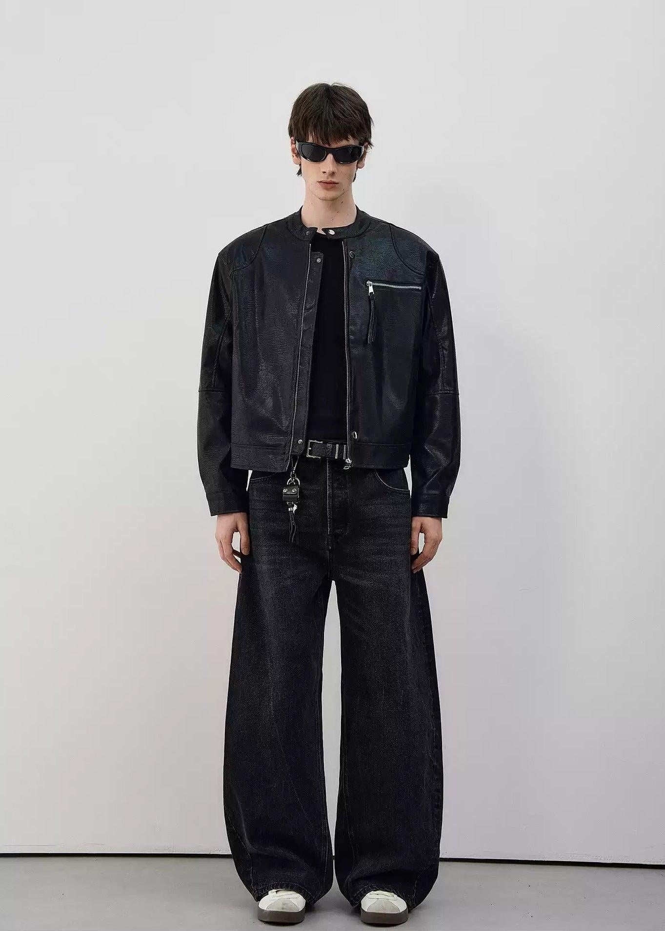 Textured Boxy Fit PU Leather Jacket