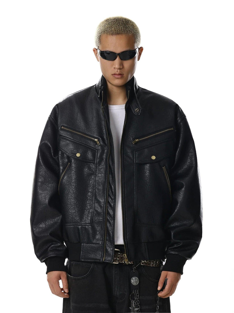 Multi-Pocket Textured PU Leather Jacket