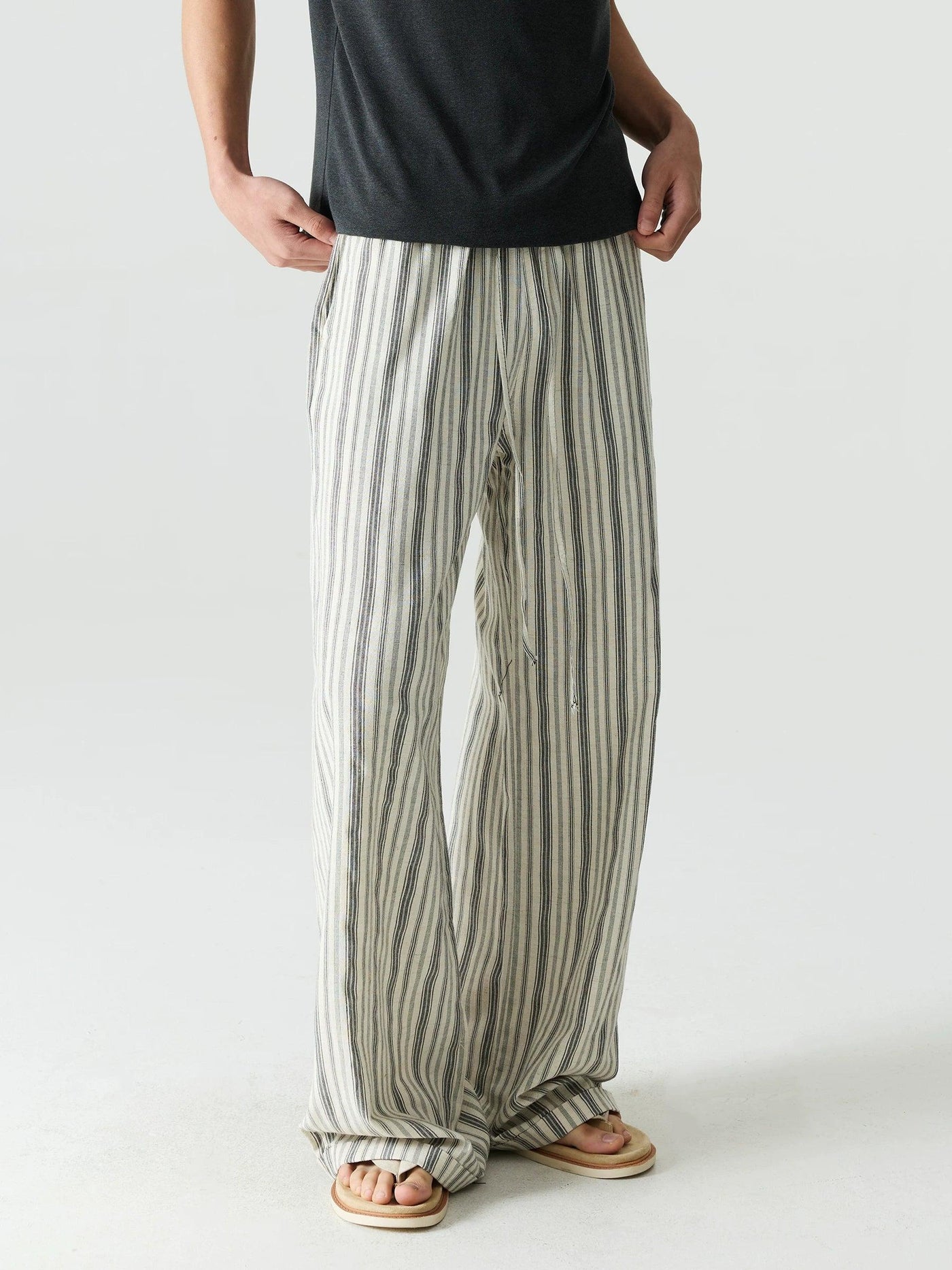 Linen Blend Striped Wide Leg Trousers