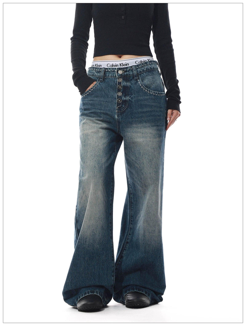 Washed Button-Down Flared Jeans