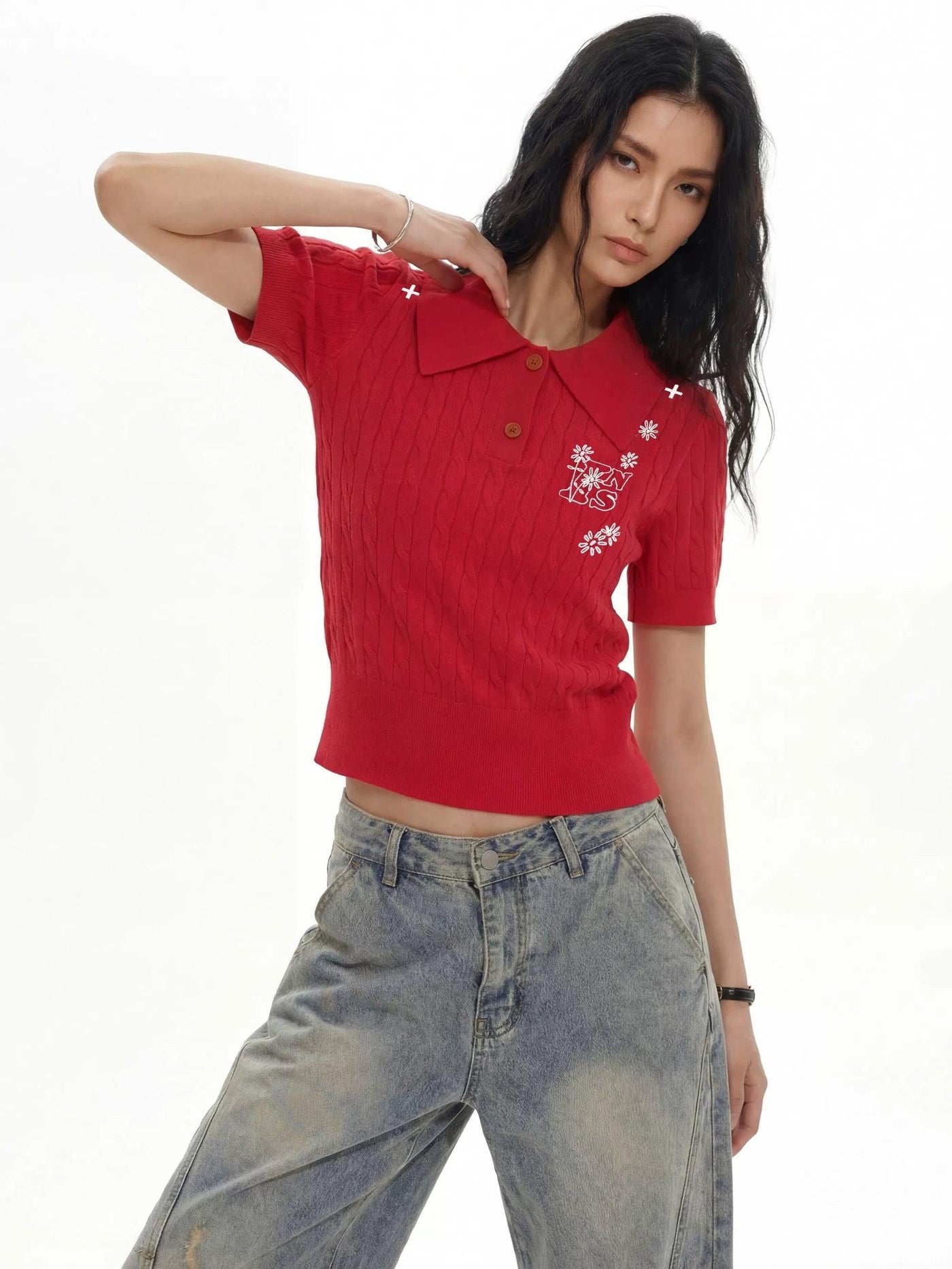 Cropped Cable Knit Polo