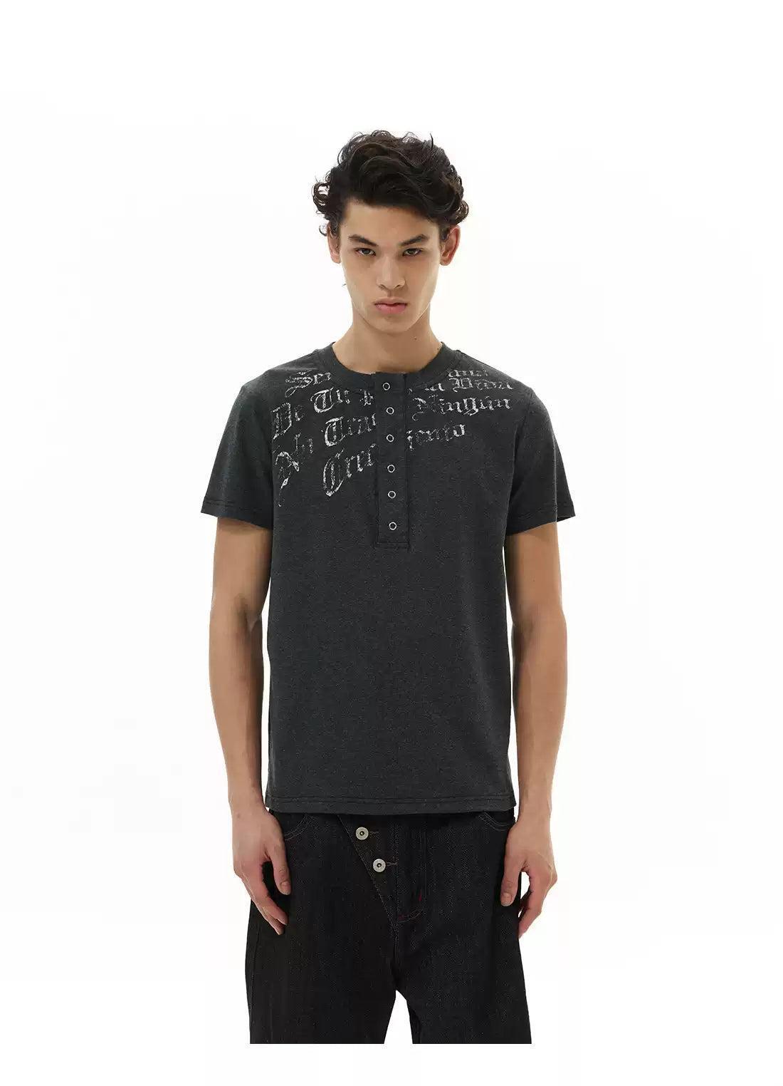 Text Print Henley Collar T-Shirt