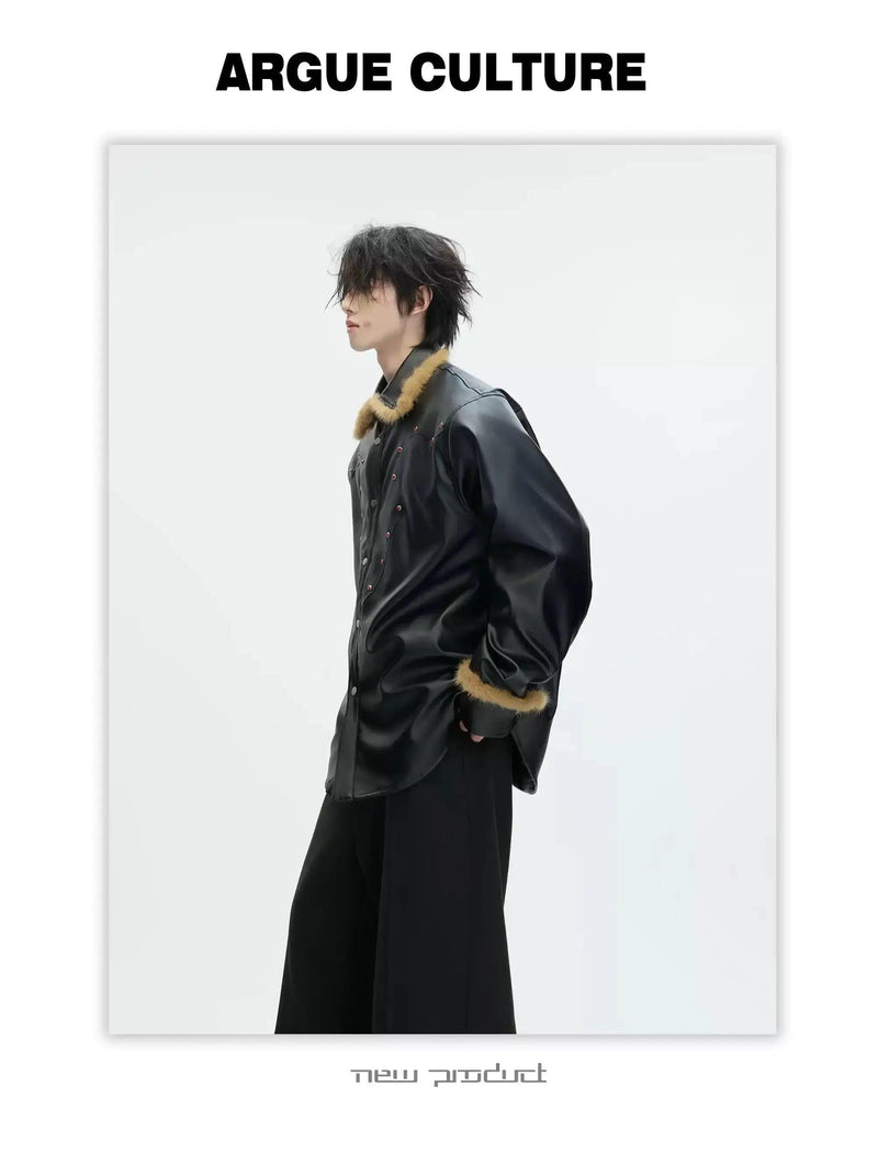 Faux Fur Collar Line PU Leather Shirt