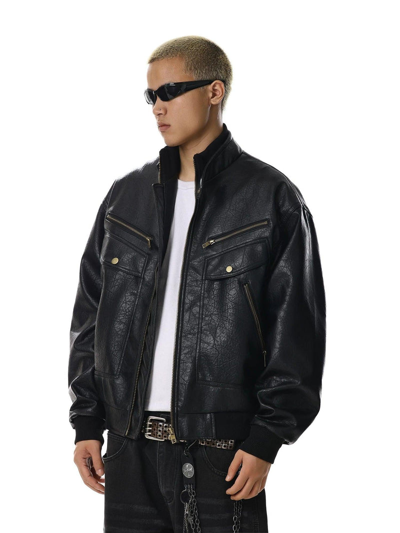 Multi-Pocket Textured PU Leather Jacket