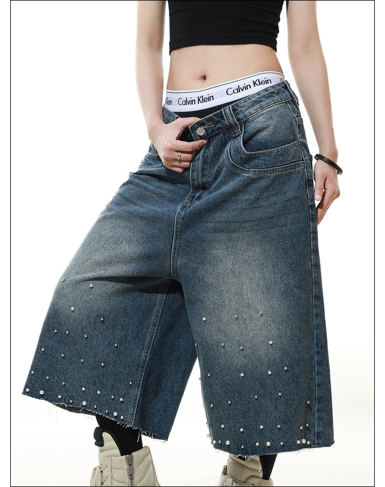 Pearled and Faded Denim Shorts