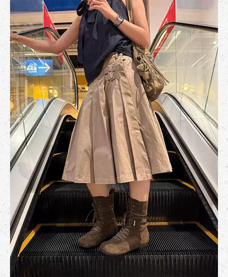 Strapped & Pleated Midi Skirt