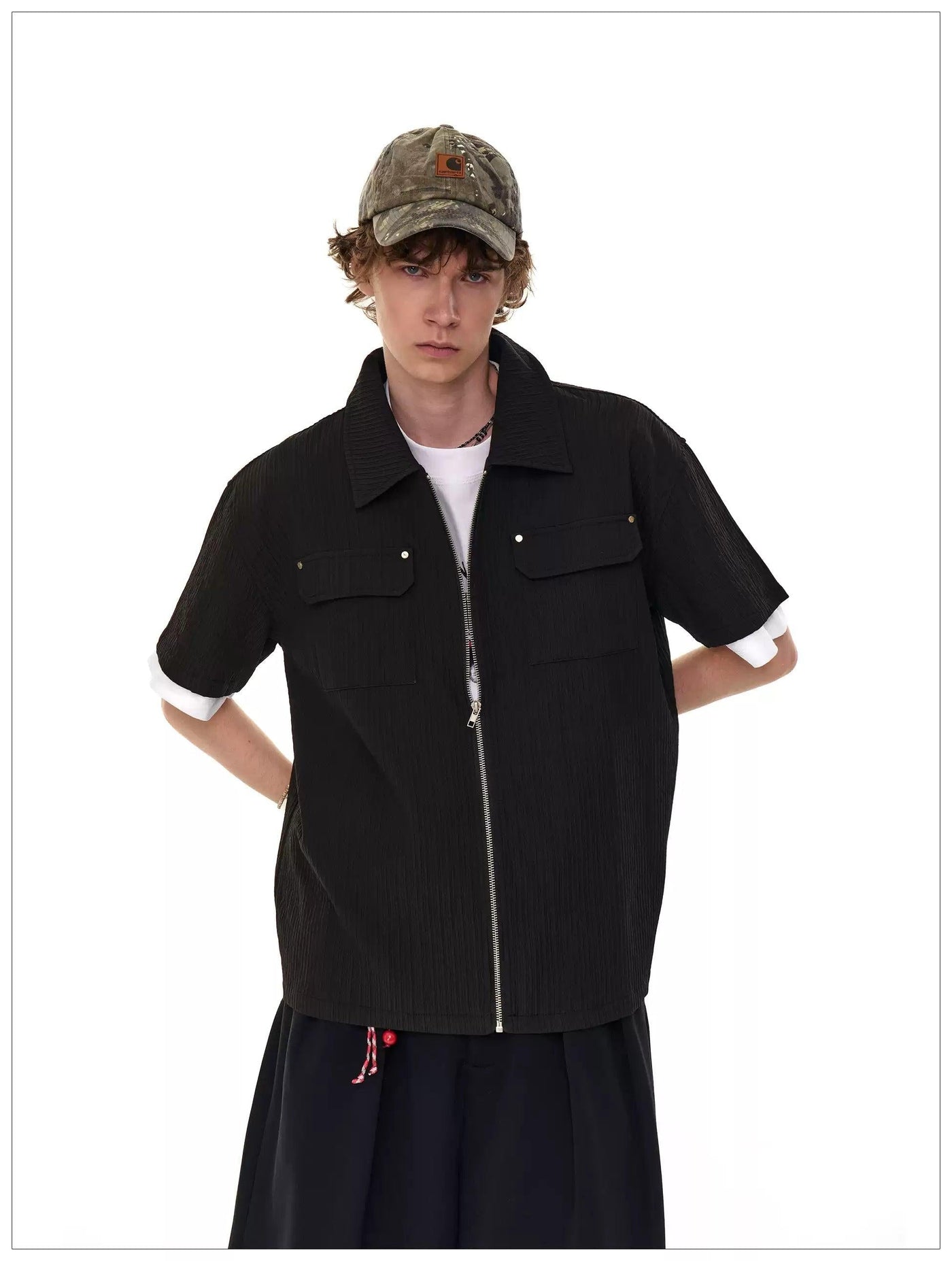 Flap Pockets Spliced Sleeve Zipped Shirt