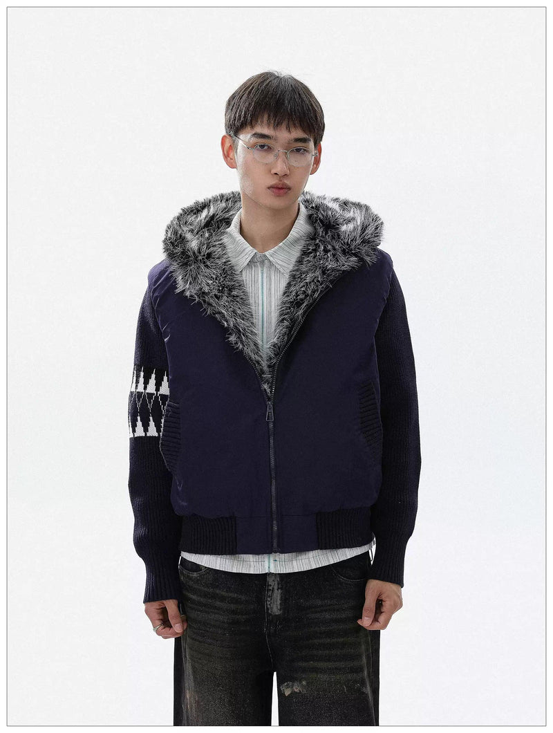 Fur-Trim Spliced Detail Padded Jacket