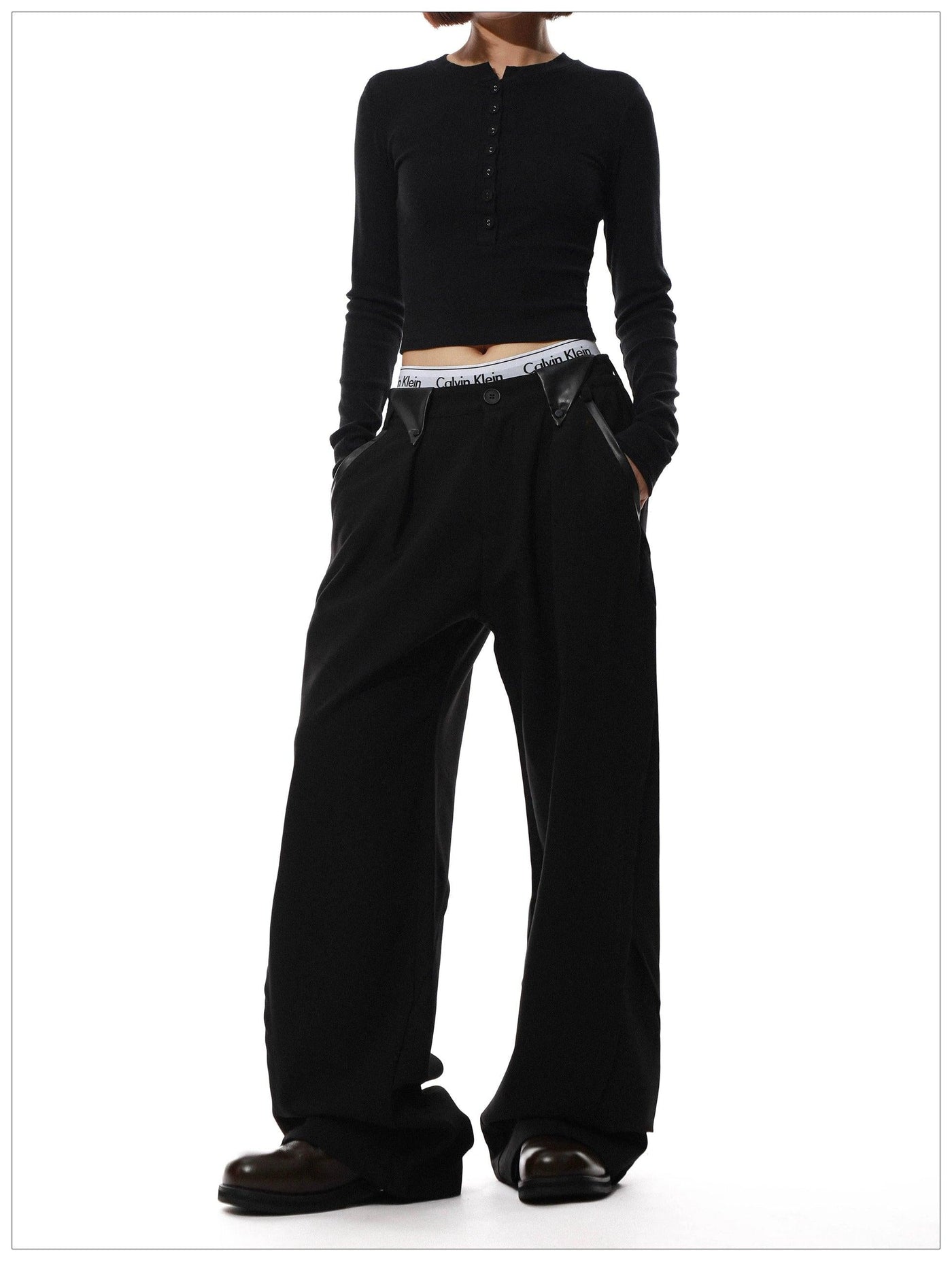 PU Leather Detail Straight Pants