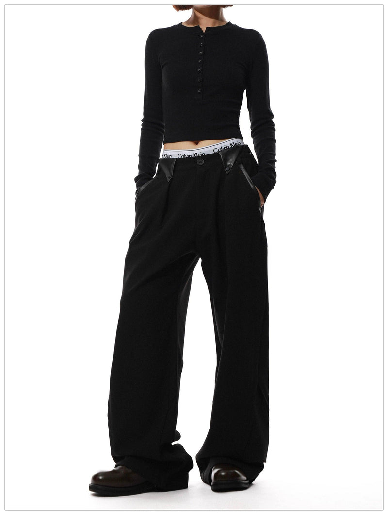 PU Leather Detail Straight Pants