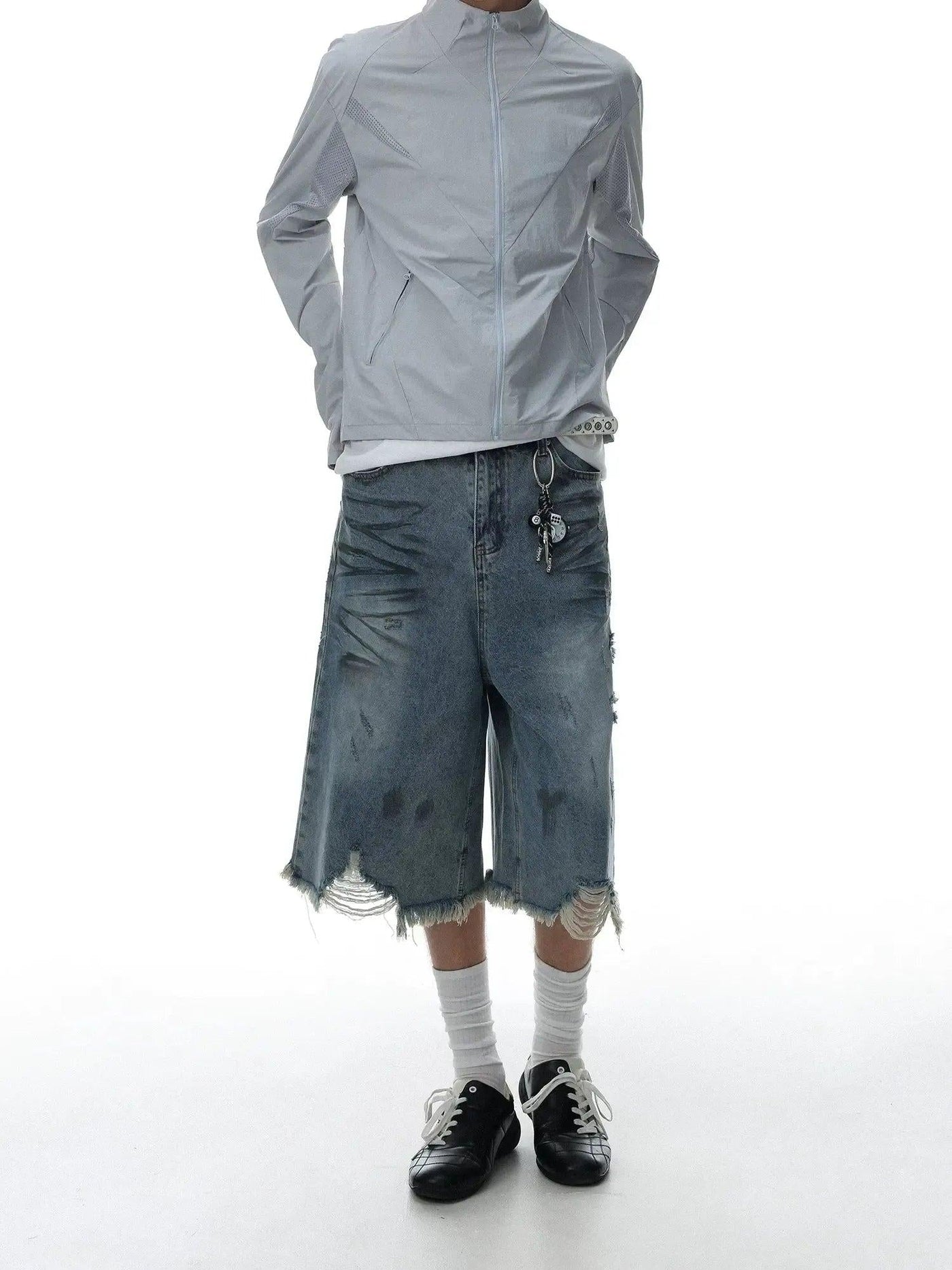 Washed Distressed Raw Hem Denim Shorts