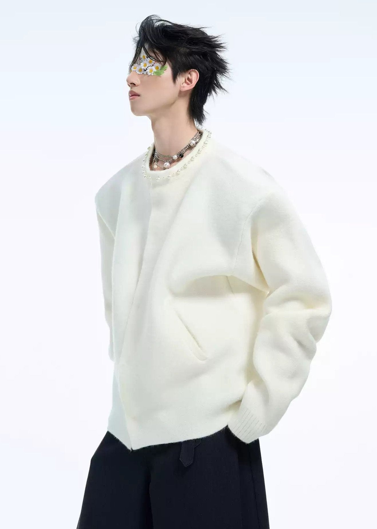 Pearled Necklace Plain Color Jacket