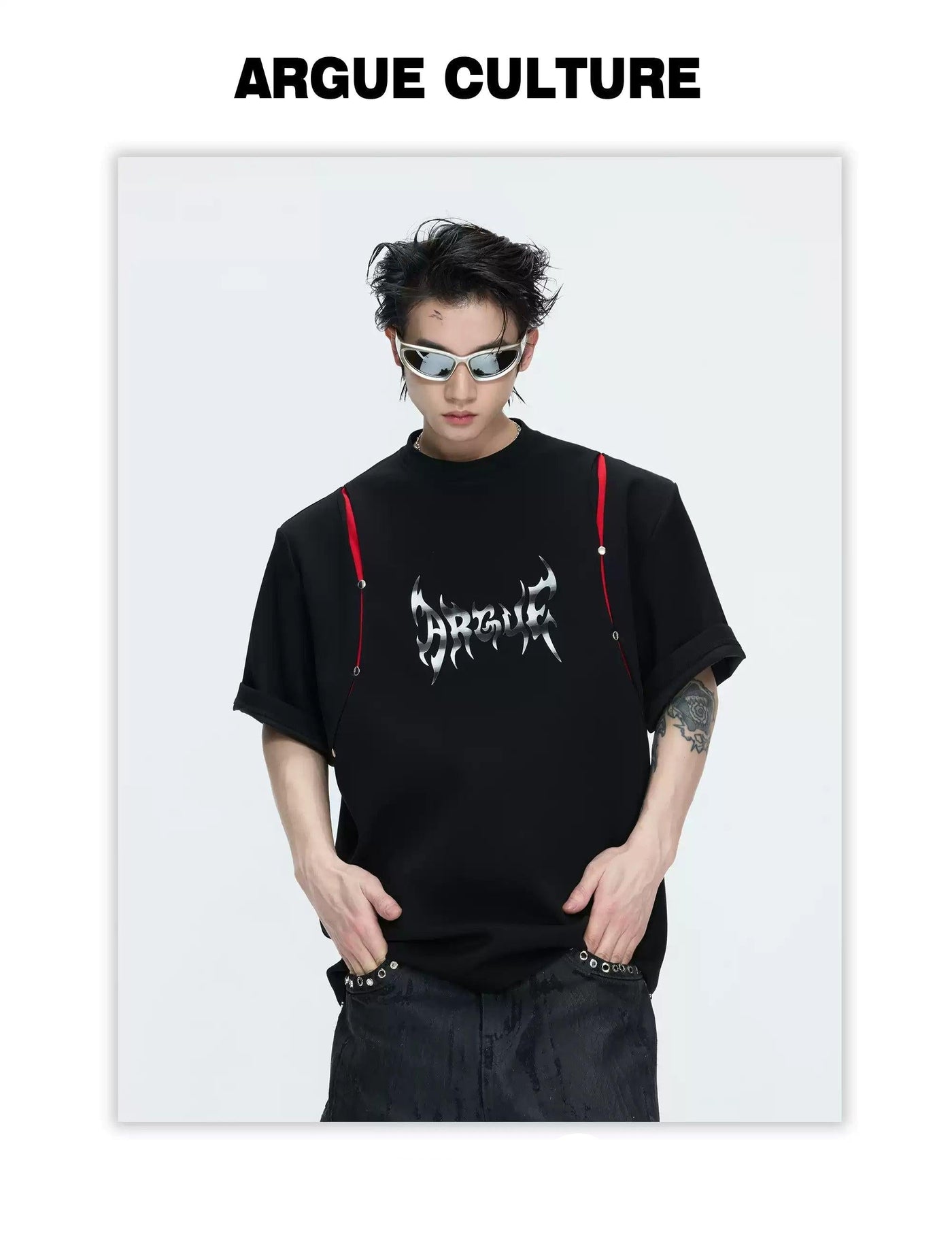 Metallic Print Logo Contrast Spliced T-Shirt