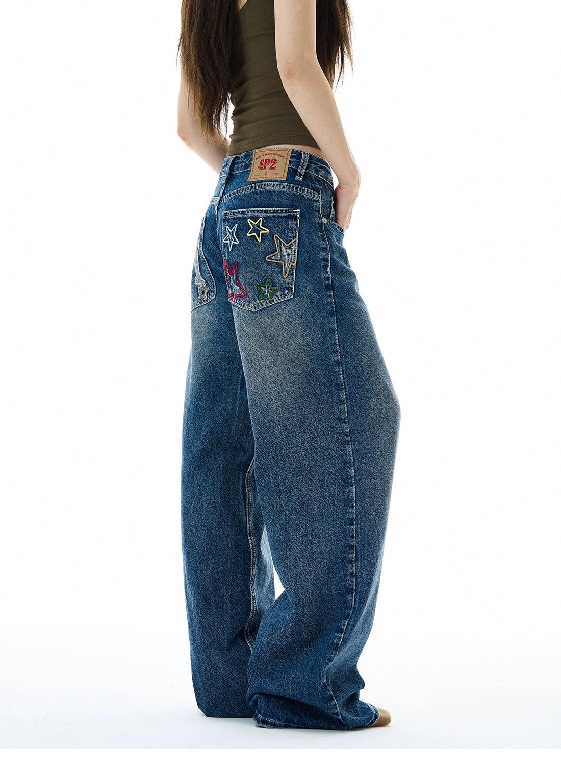 Washed & Embroidered Straight Jeans