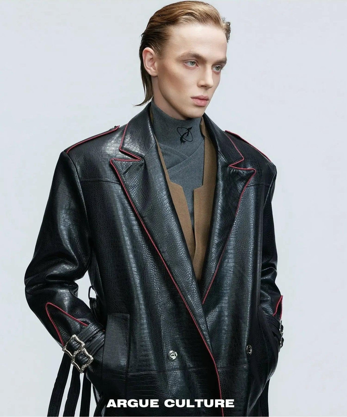 Reptile Textured Faux Leather Long Coat