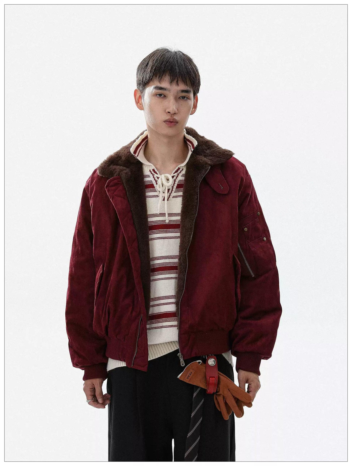 Fur-Trimmed Ribbed Hem Bomber Jacket