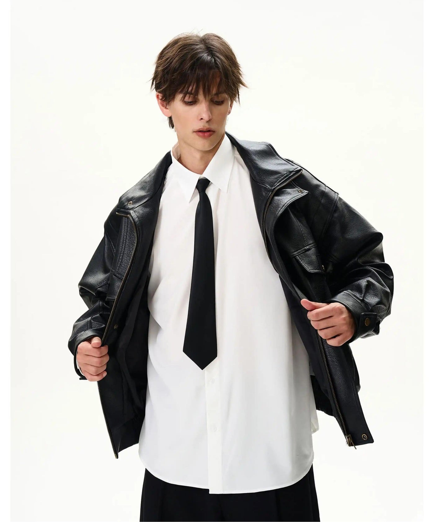 Snap Pockets Textured PU Leather Jacket