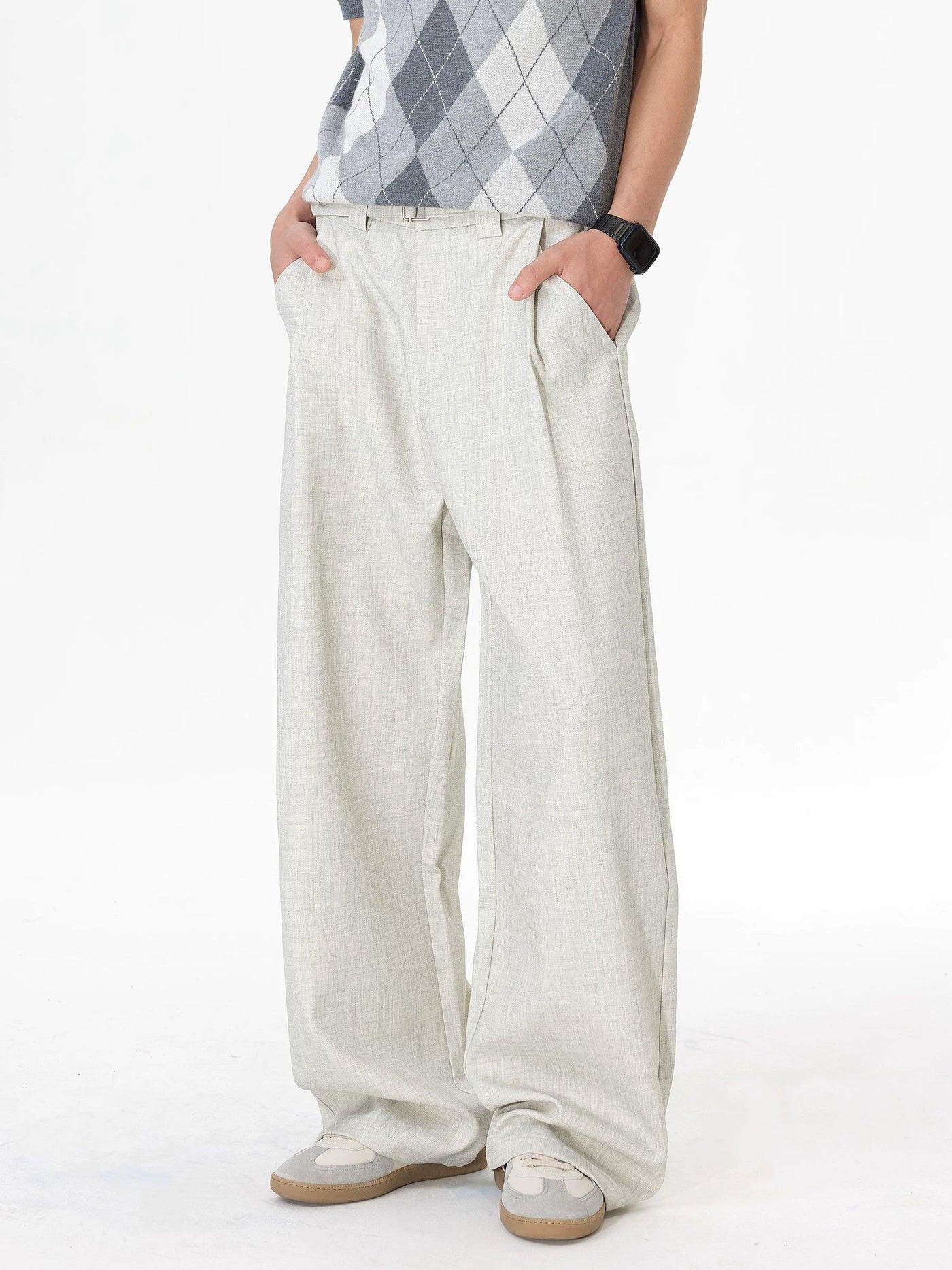 Pleated Belted Straight Leg Trousers