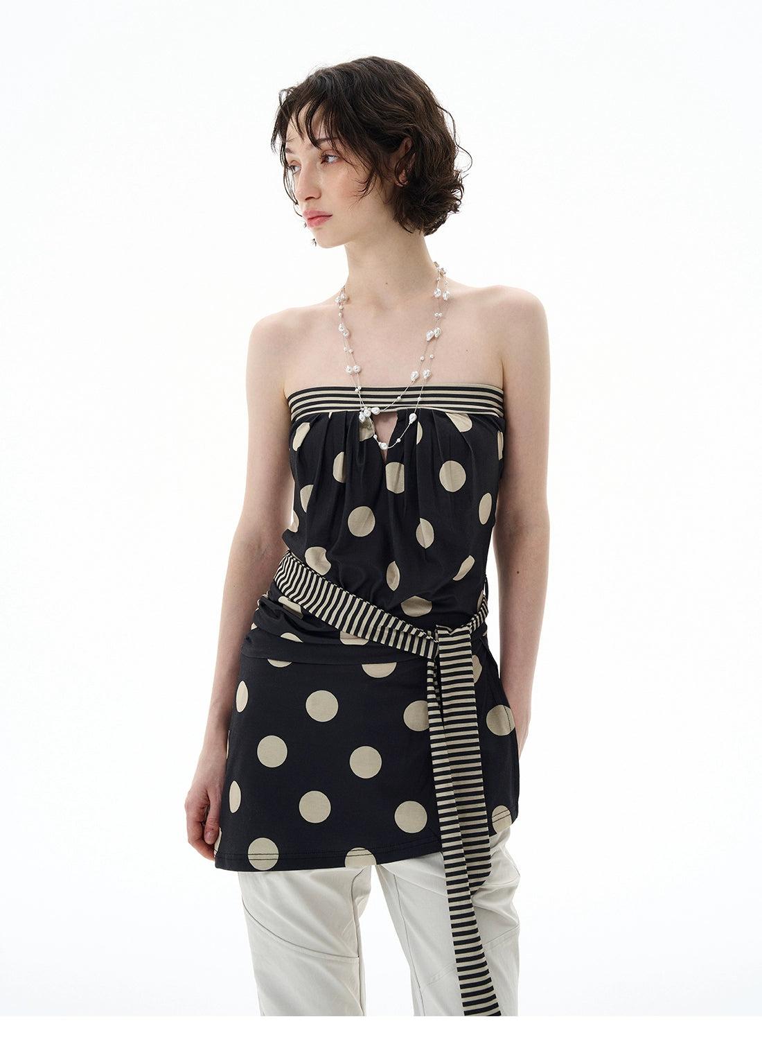 Striped Waist Strap Polka Dot Tube Top