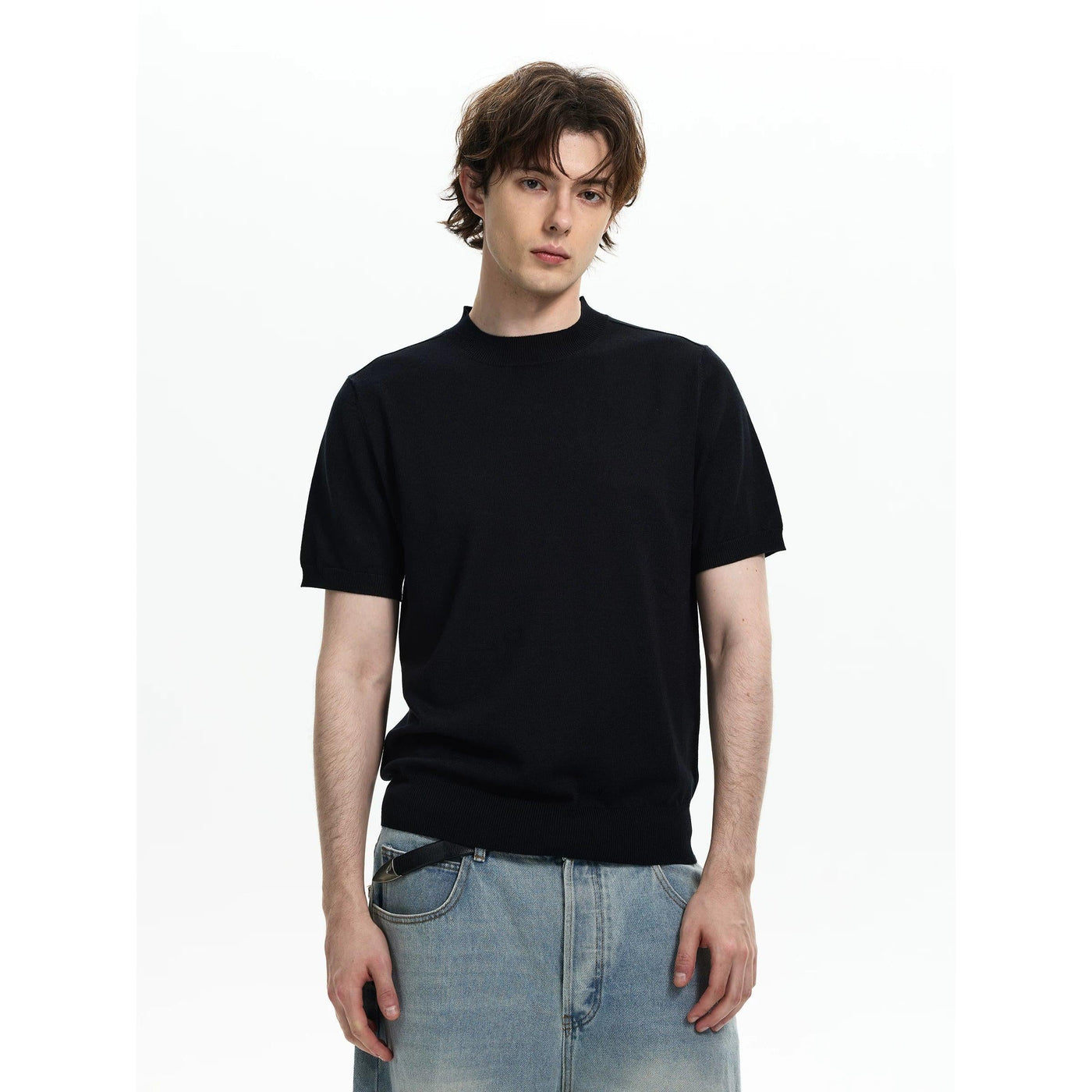 Plain Ribbed Knit T-Shirt