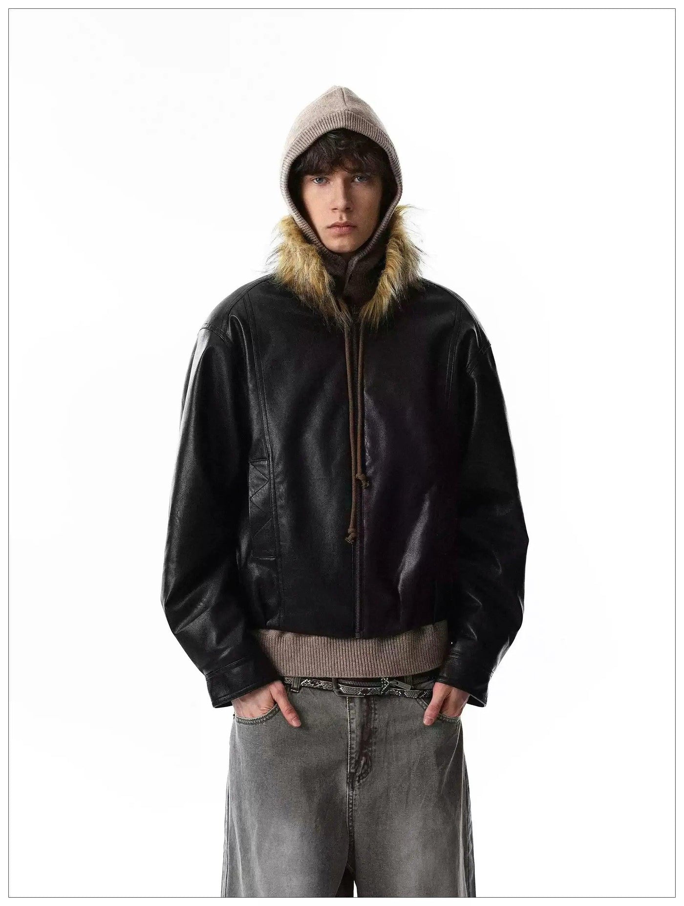 Faux Fur Collar PU Leather Short Jacket