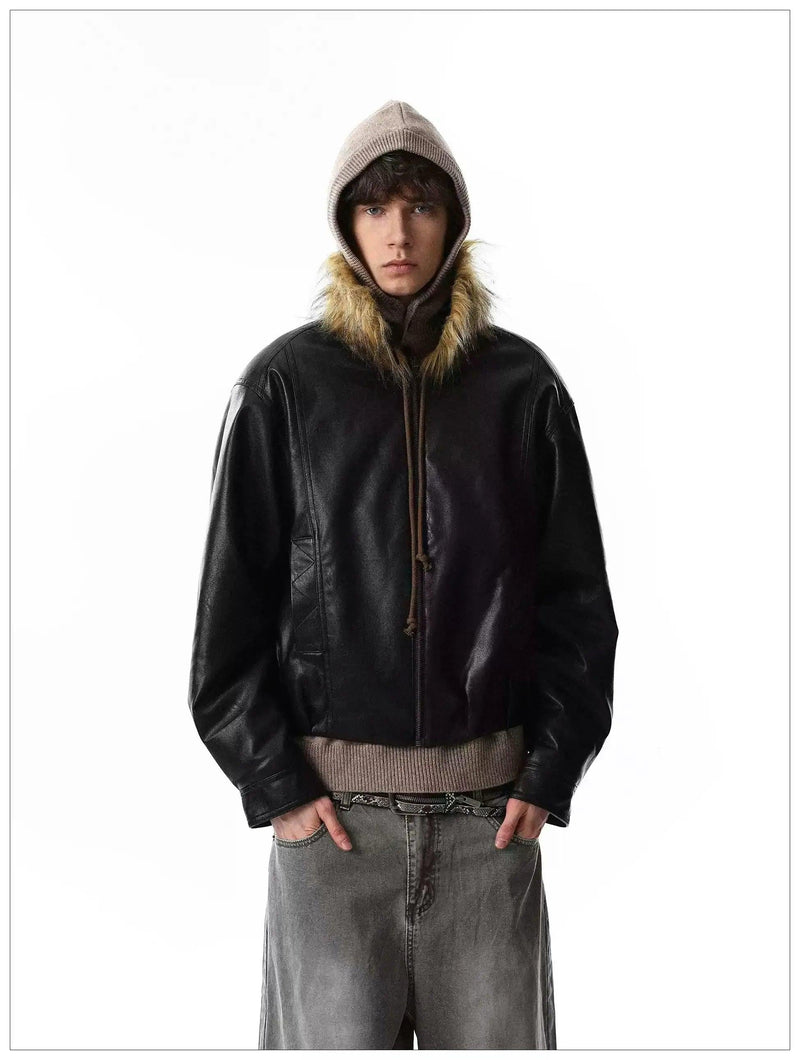 Faux Fur Collar PU Leather Short Jacket