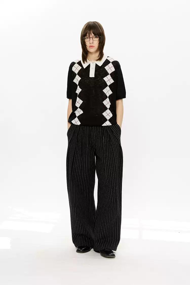 Vertical Striped Pleated Wide Leg Pants