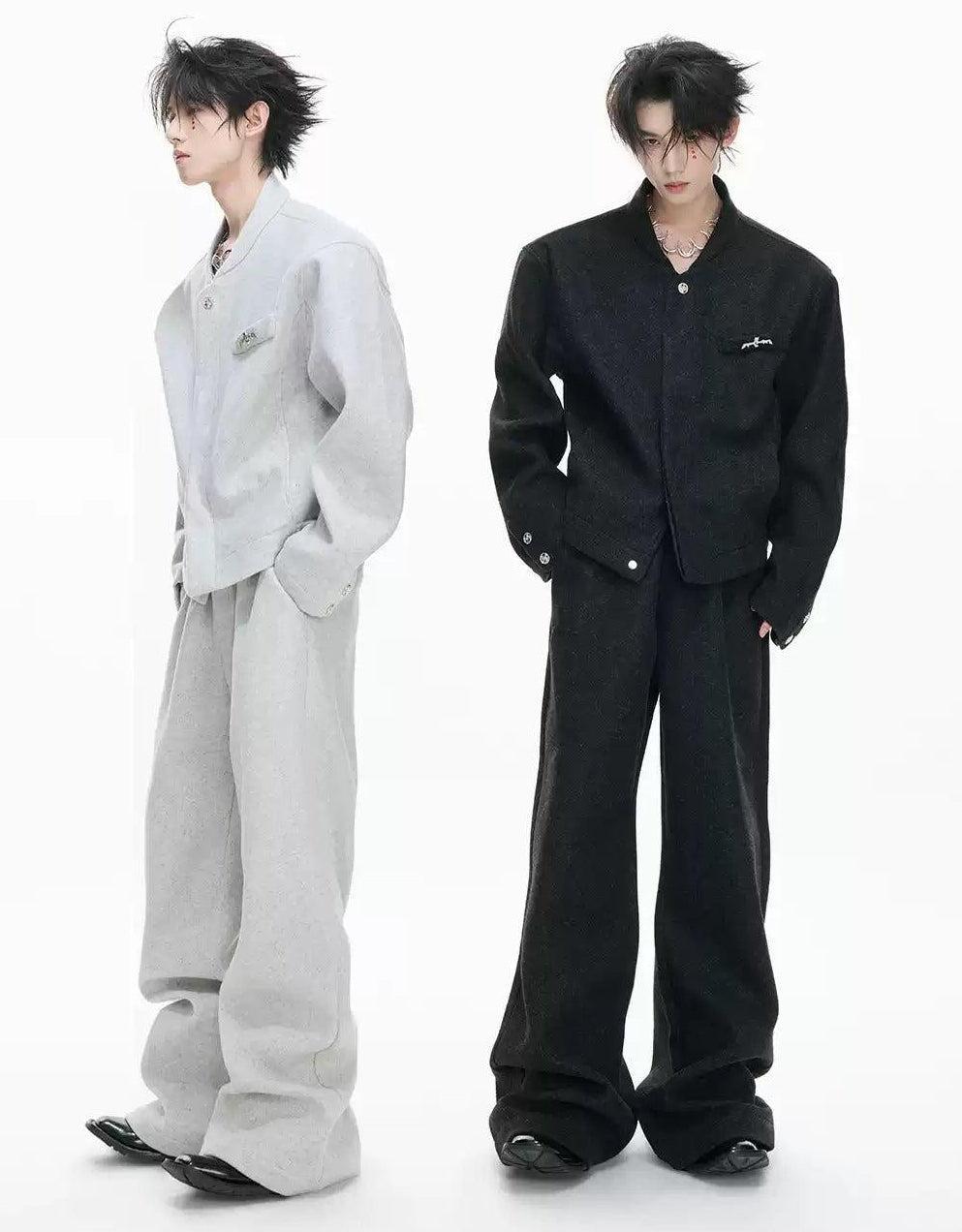 Stand Collar Strapped Jacket & Adjustable Waist Pants Set
