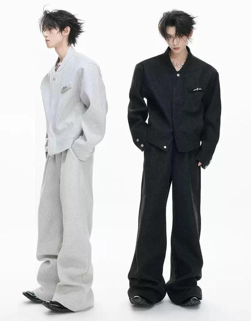 Stand Collar Strapped Jacket & Adjustable Waist Pants Set