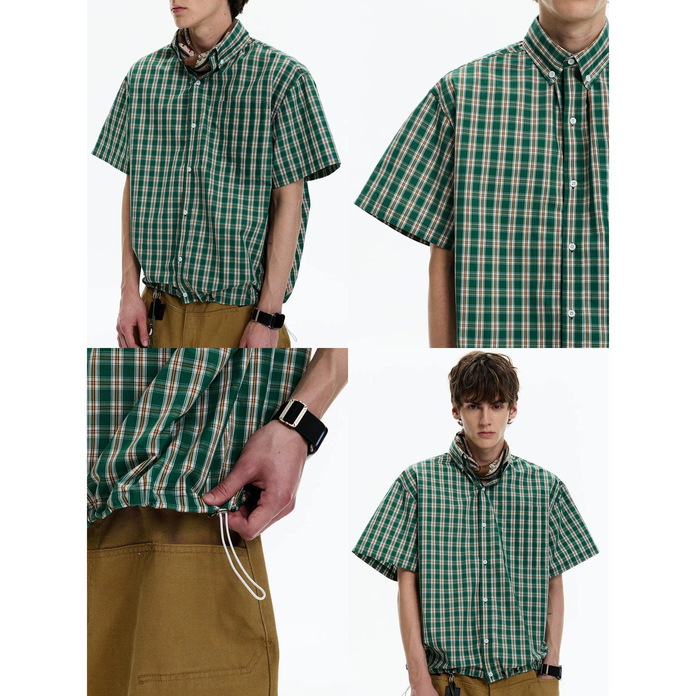 Casual Adjustable Hem Plaid Shirt