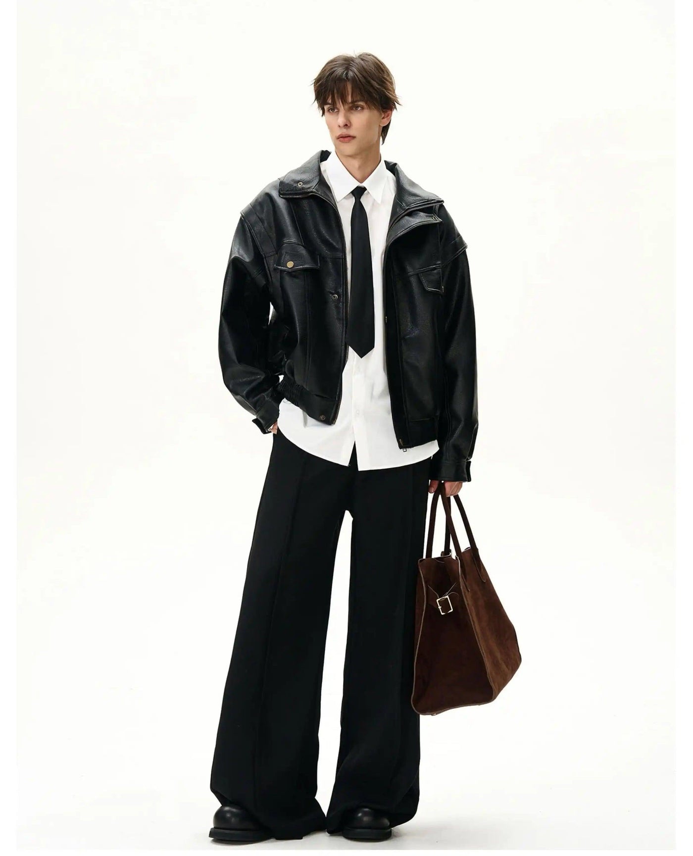 Snap Pockets Textured PU Leather Jacket