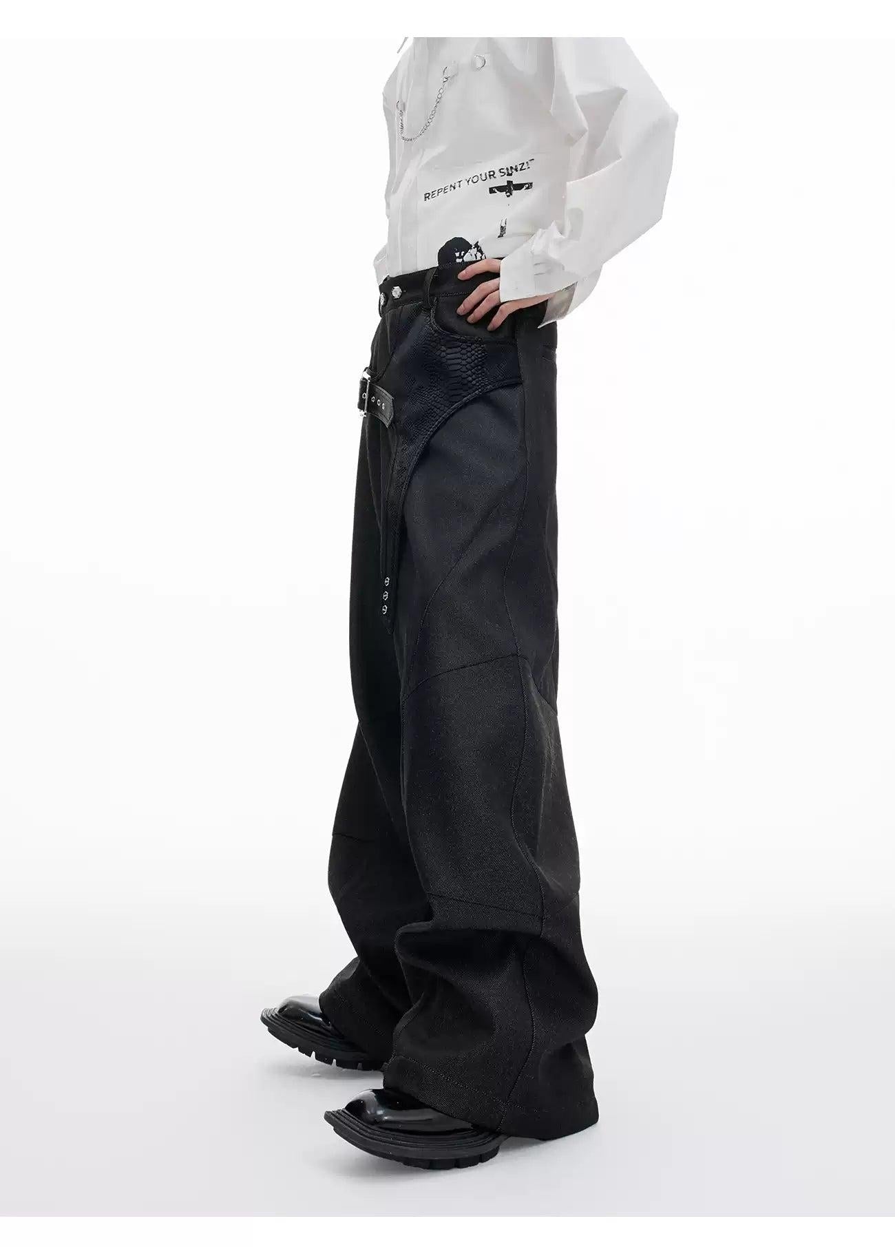 Buckled PU Leather Buckle Flared Pants