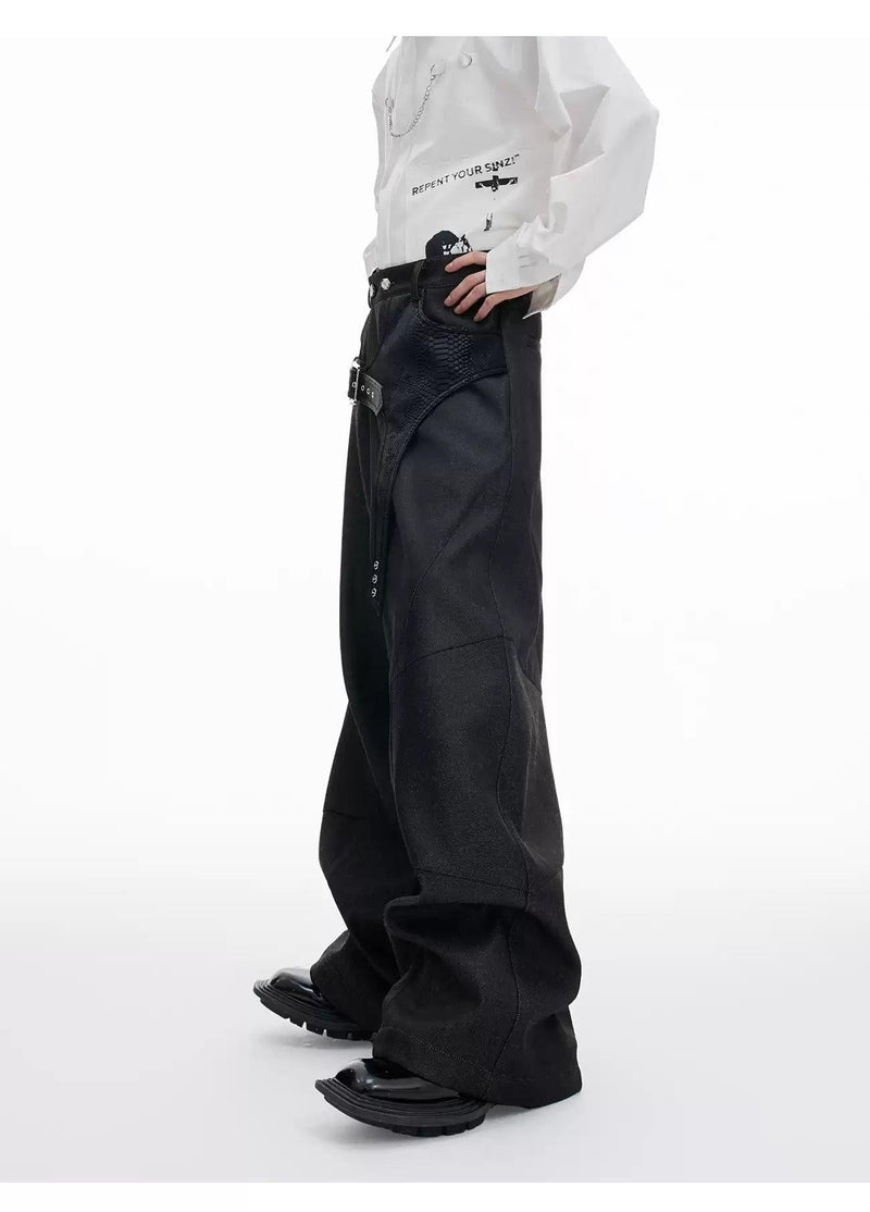 Buckled PU Leather Buckle Flared Pants