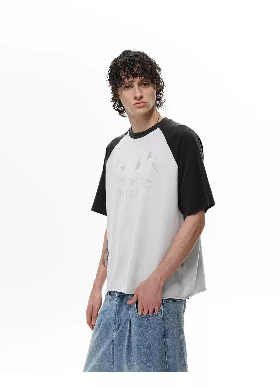 Grunge Print Contrast Block Raglan T-Shirt
