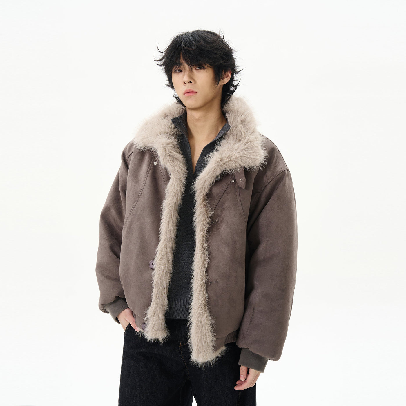 Faux Fur Line Ruched Hem Jacket