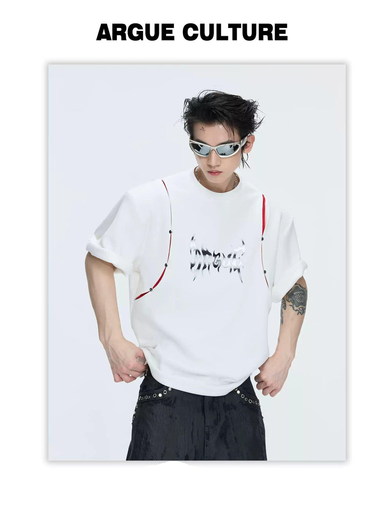 Metallic Print Logo Contrast Spliced T-Shirt