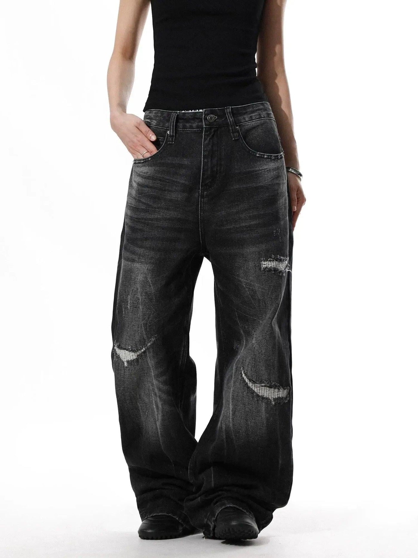 Distressed Patchwork Wide Jeans