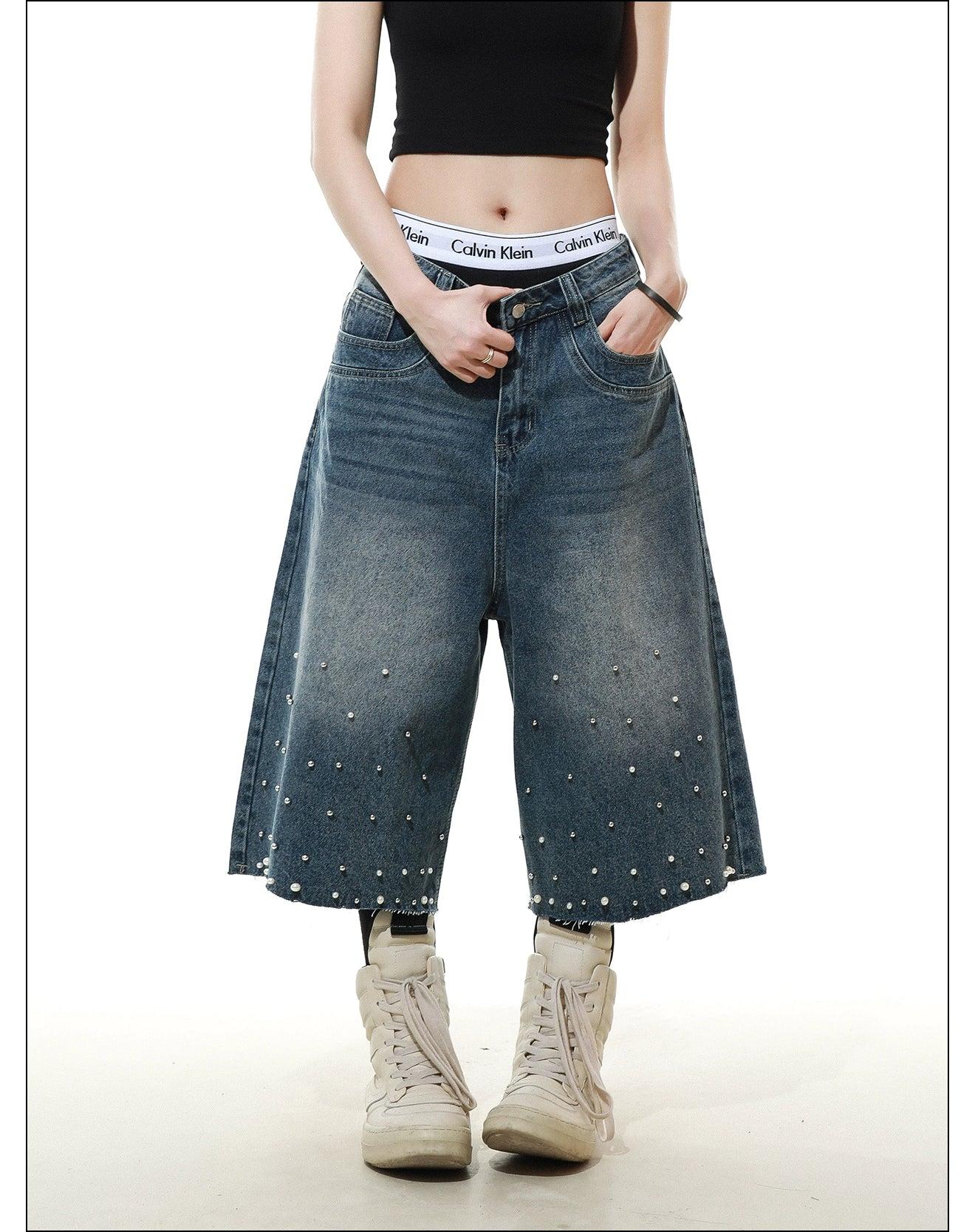 Pearled and Faded Denim Shorts