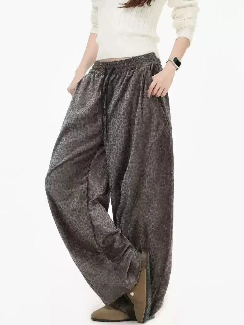 Drawstring Leopard Print Wide Pants