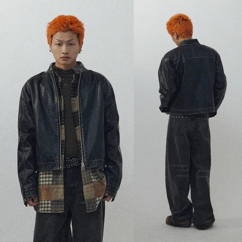 Zipped Vintage PU Leather Jacket